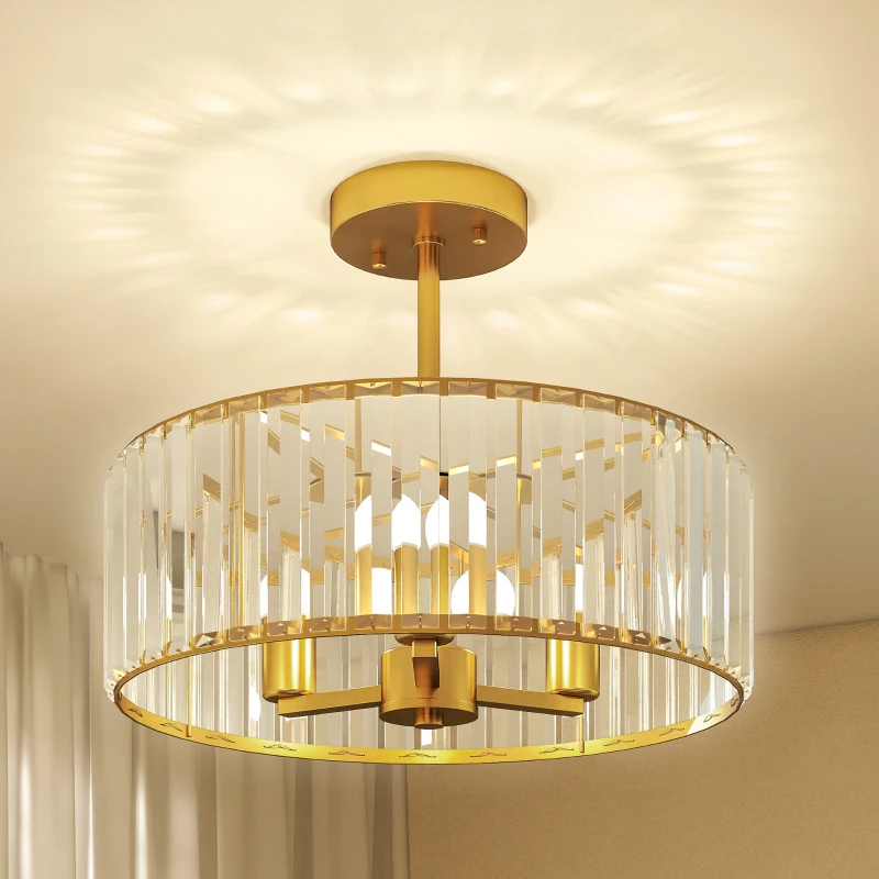 HOMCOM Crystal Ceiling Light Fixture, Semi Flush Mount Modern Crystal Chandelier Ceiling Light for Living Room, Bedroom, Hallway,  Dining Room, E14 Base 3-Lights, Gold Tone