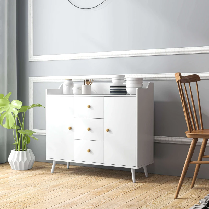 HOMCOM Buffet, meuble de rangement avec 2 portes, 3 tiroirs et pieds en bois massif, style moderne, 90 x 32 x 80 cm, blanc
