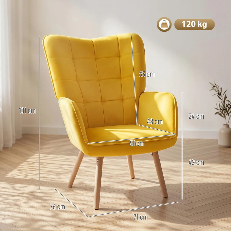 HOMCOM Modern Accent Chair, Upholstered High Back Armchair with Tufted Wingback, Seat Padding, Velvet Leisure Lounge Bedroom Chair with Wood Legs, Yellow