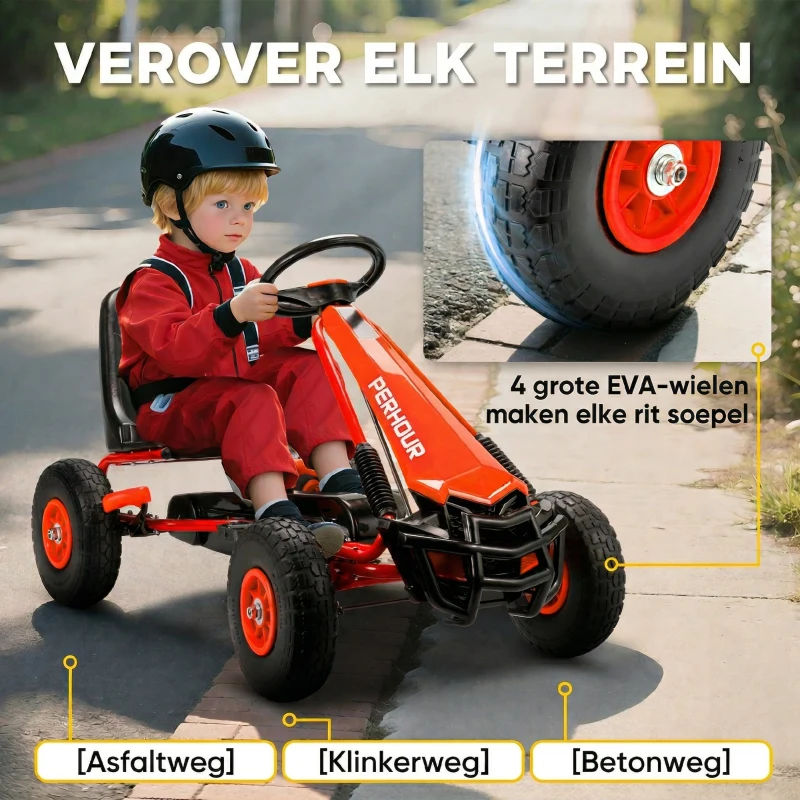 AIYAPLAY Trap-Gokart voor kinderen, in hoogte verstelbare zitting, EVA-wielen, rem, koppeling, 3-8 jaar, Rood(m-6)