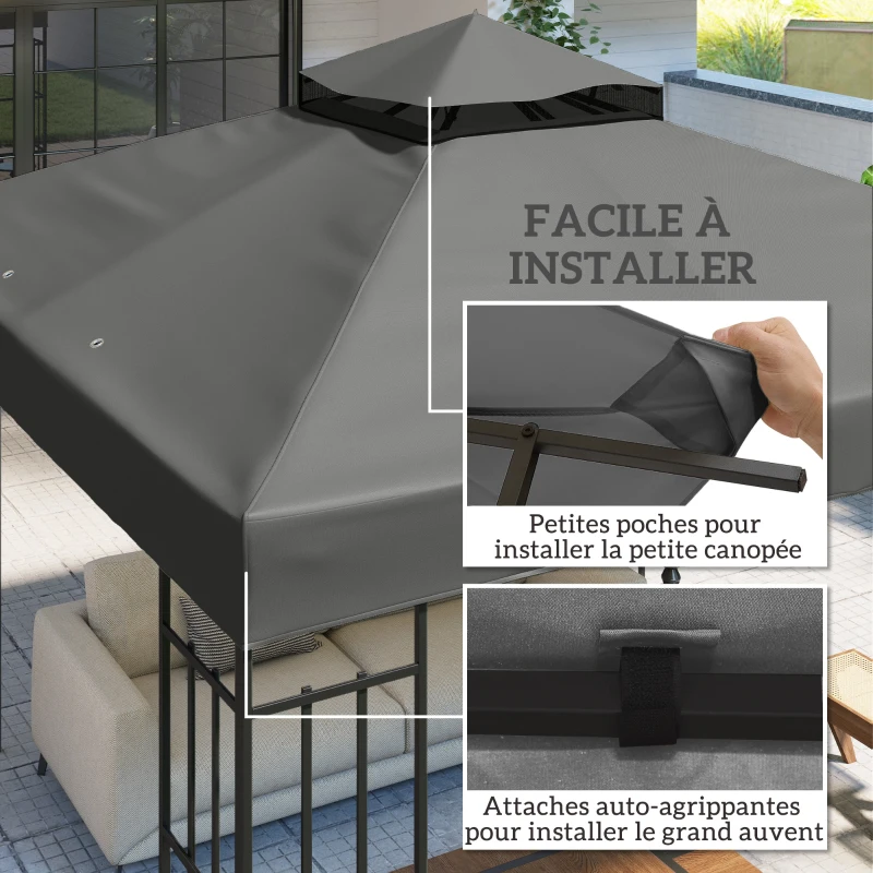 Outsunny Gazebo Canopy 3 x 3 m Replacement 2-Tier Canopy UPF30+ Drainage Holes Dark Gray