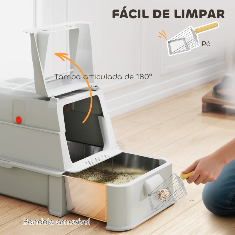 PawHut Caixa de Areia para Gatos de Aço Inoxidável XL com Tampa Articulada 180° Laterais Altas Pedal Pá 63x43x43 cm Cinza Claro