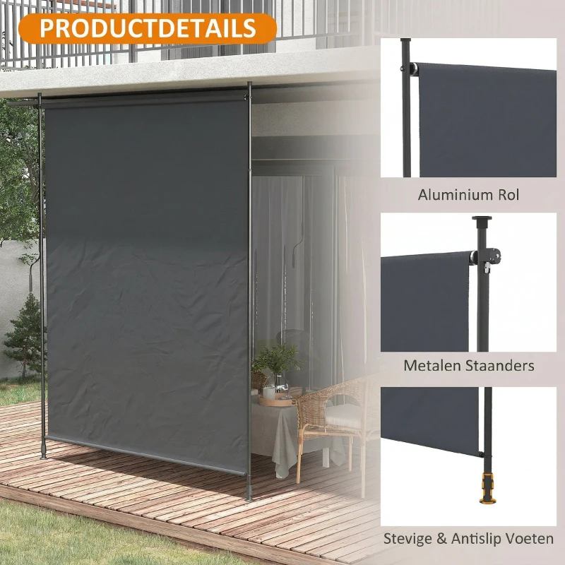 Outsunny Zijluifel Terraszeil 200x290cm, Hoogte-Aanpassbaar, Metalen Frame, Vuur op de Terras, Familie, Grijs