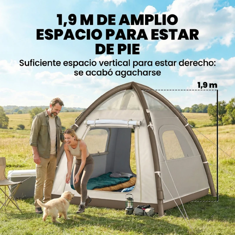 Outsunny Tienda de Campaña Inflable con Mosquitera Vestíbulo Bomba para 3–4 Personas UPF30+ Bolsa Montaje Rápido Impermeable