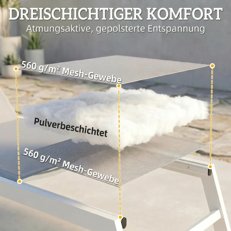 Outsunny Sonnenliege Atmungsaktive Gartenliege mit 6-fach Verstellbar Rückenlehne Aluminiumrahmen Hellgrau
