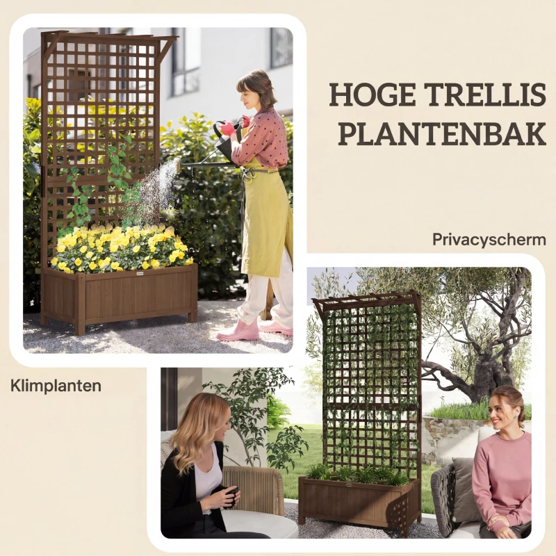 Outsunny Verhoogde plantenbak met trellis en dak, bloembak, bloemenbed, weerbestendig, hout, 90 x 45 x 183 cm, Bruin