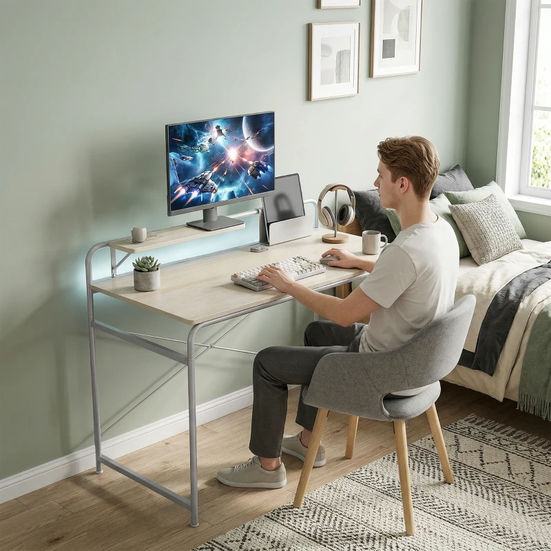 HOMCOM Bureau moderne avec étagère et structure métallique Montage facile 98x48x88,5 cm Chêne