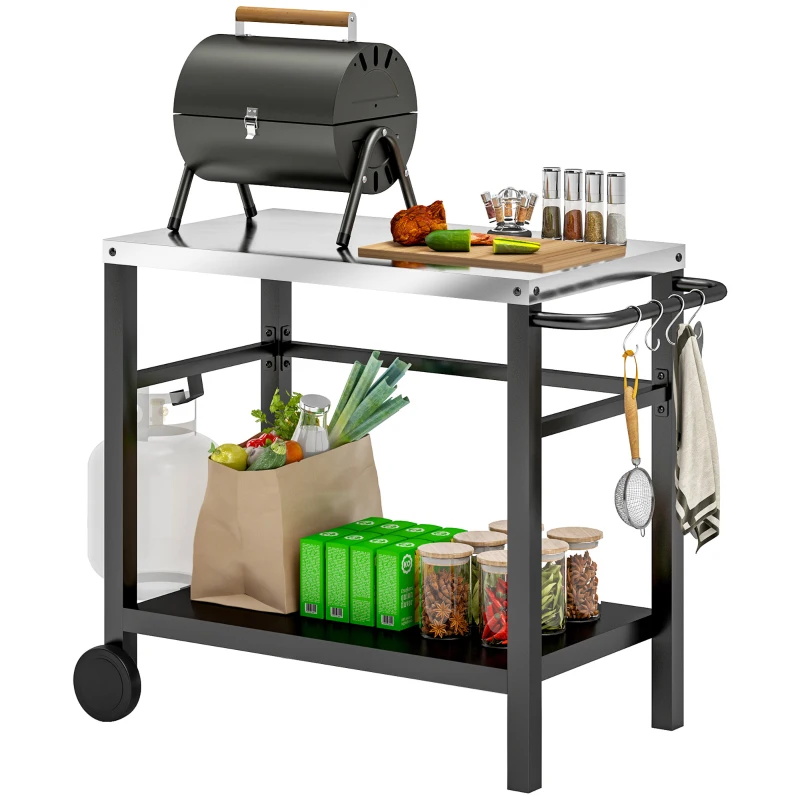 Outsunny Outdoor Grill Dining Cart 2-Shelf Movable Pizza Oven Table Stand with Stainless Steel Top, Portable BBQ Trolley Food Prep Outdoor Kitchen Barbecue Station with Hooks Wheels, Charcoal Grey