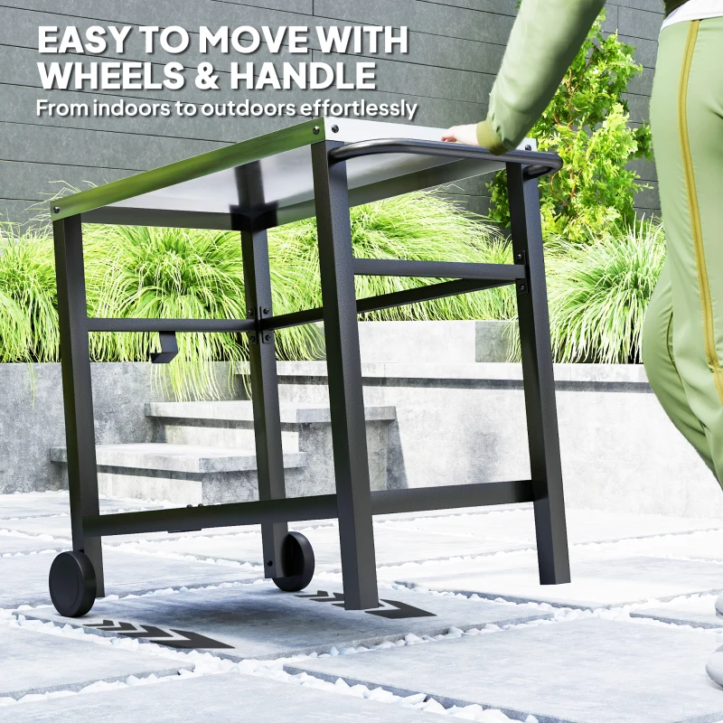 Outsunny Outdoor Grill Dining Cart 2-Shelf Movable Pizza Oven Table Stand with Stainless Steel Top, Portable BBQ Trolley Food Prep Outdoor Kitchen Barbecue Station with Hooks Wheels, Charcoal Grey