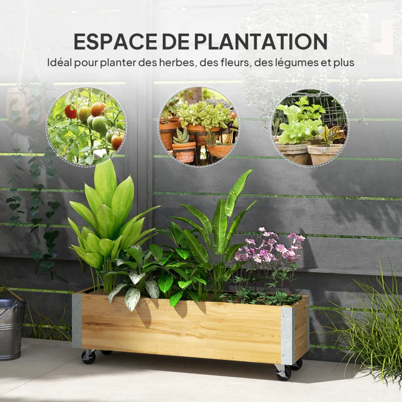 Outsunny Planter on Wheels rectangular planter drainage felt metal solid wood 96 x 30.6 x 30 cm natural wood