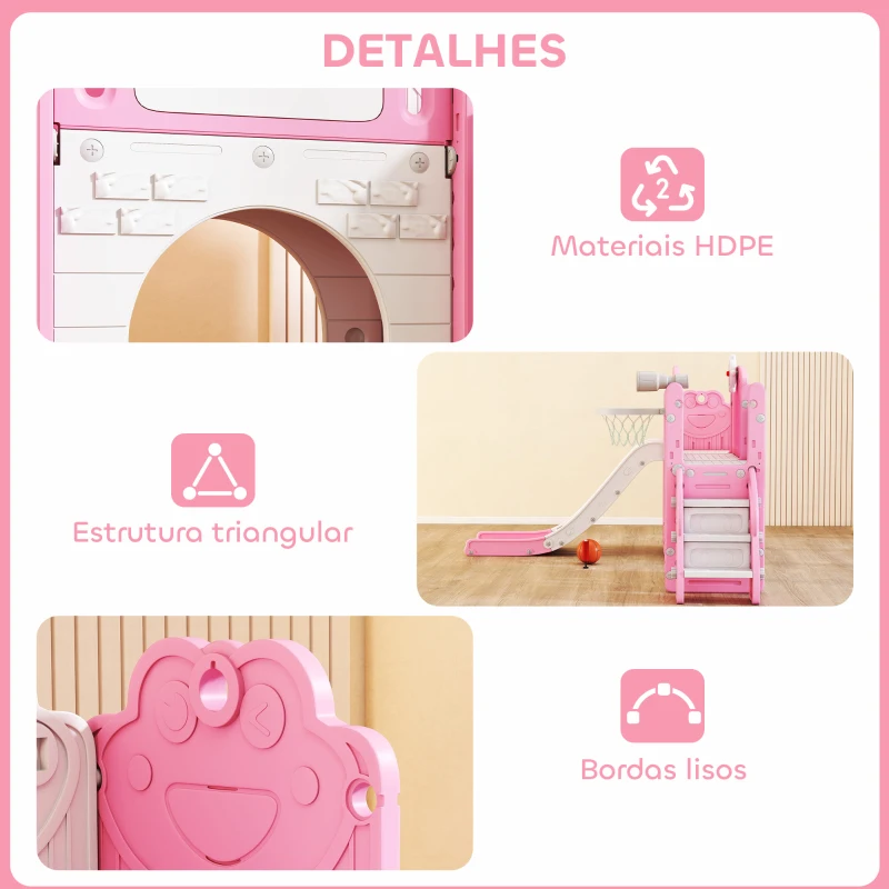 AIYAPLAY Escorrega Infantil 7 em 1 para Crianças Tema de Sapo com Aro de Basquetebol Túnel Quadro Telescópio de Brincar Trepador 176x150x94 cm Rosa