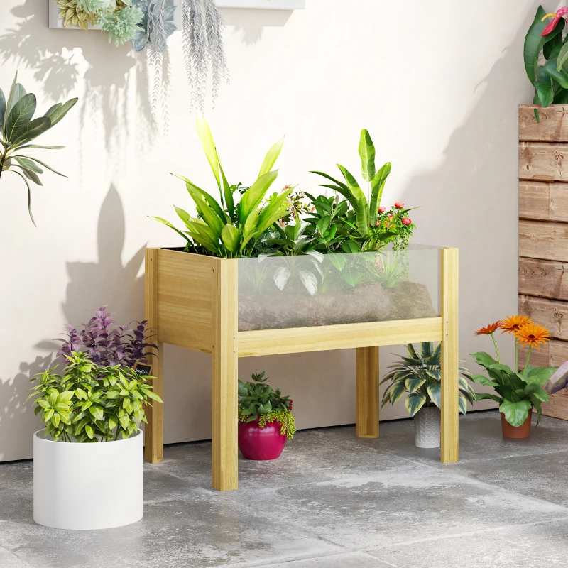 Outsunny Raised Planter on Legs, Raised Garden Bed with Acrylic Panels and Drainage Holes, 75 x 46 x 60.5 cm, Natural