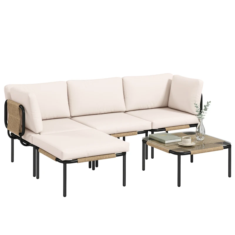 Outsunny Set da Giardino 5 Pezzi in Polyrattan, con 3 Poltrone, Tavolo in Vetro, Pouf, Seduta Ampia e Profonda, Cuscini Rimovibili