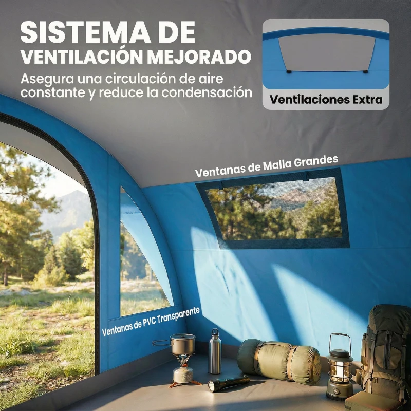Outsunny Tienda de Campaña Familiar Tipo Túnel para 4 Personas con 3 Habitaciones Puerta 4 Ventanas Impermeable Fácil Montaje