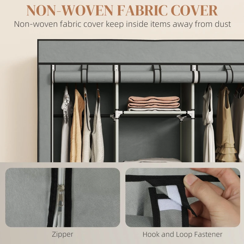 HOMCOM Foldable Fabric Wardrobe for Bedroom, Portable Wardrobe with 5 Shelves, 2 Hanging Rails and 3 Fabric Drawers, Light Grey