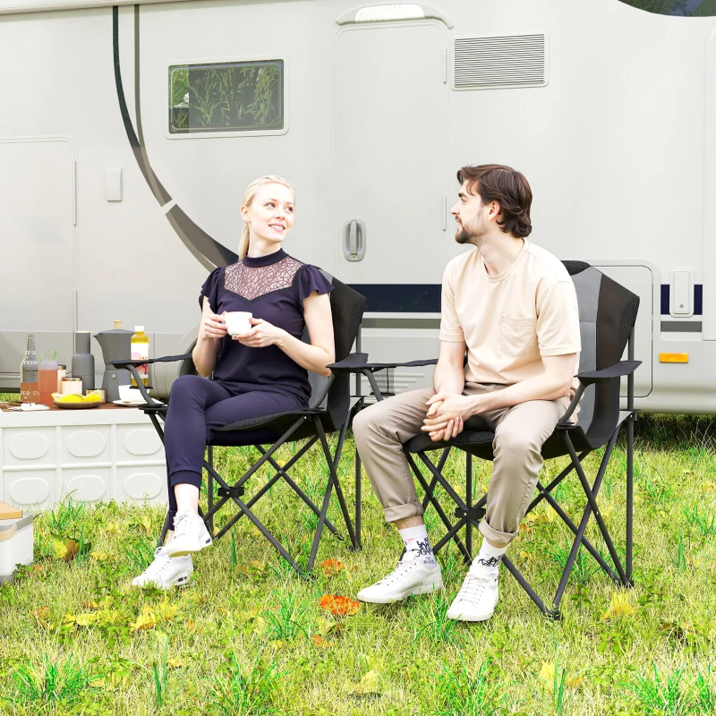 Outsunny Set of 2 Padded High-Back Folding Camping Chairs with Cup Holder, 120 kg Capacity, Dark Gray