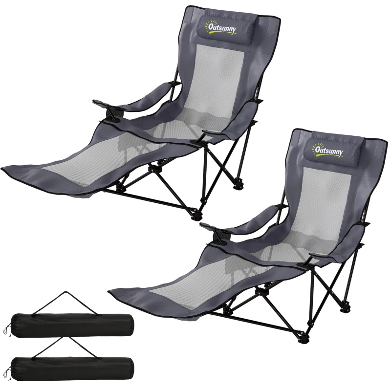 Outsunny Conjunto de 2 Cadeiras de Campismo Dobráveis Cadeira de Pesca com Encosto Reclinável apoio para os Pés Porta Copos apoio de Cabeça Cinza Escuro