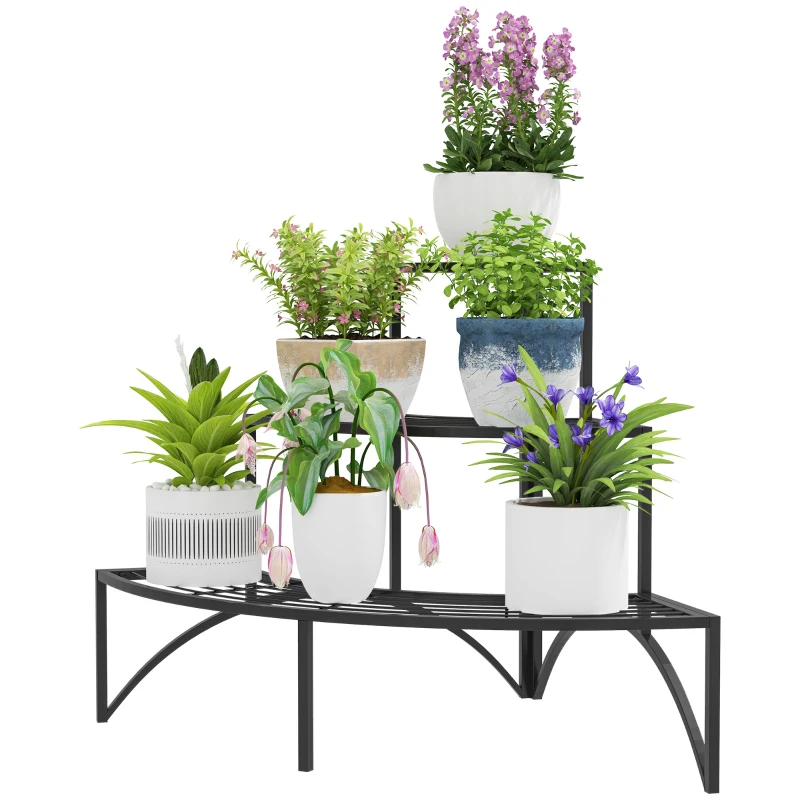 Outsunny Three-Tier Corner Metal Plants Shelves - Black