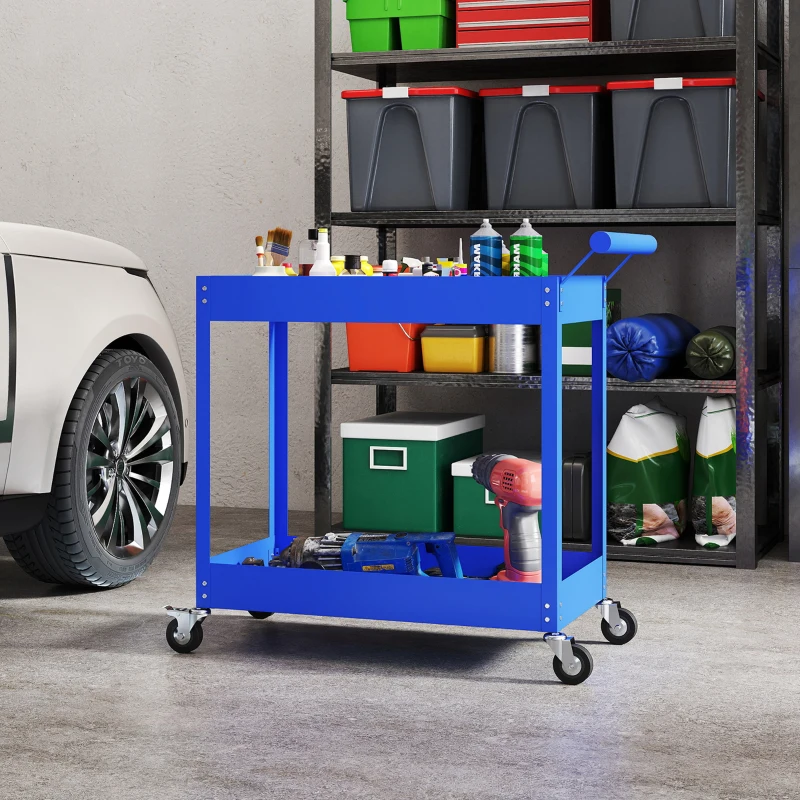 DURHAND 2-Tier Workshop Trolley, Side Handle and Lockable Wheels, 84.5x38x84 cm, blue