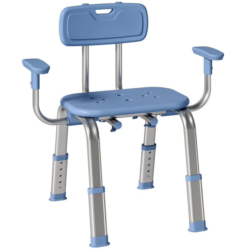 HOMCOM Taburet de duș scaun de duș ergonomic cu mânere, spătar, înălțime și șezut reglabile, albastru