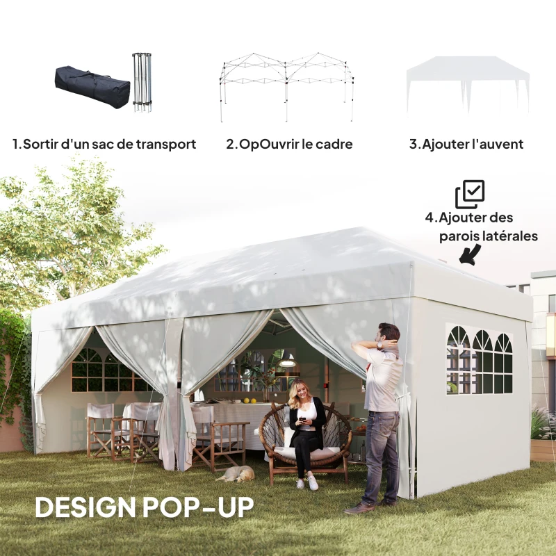 Outsunny Outdoor garden canopy foldable 3 x 6 m with 6 side walls, carry bag included, white