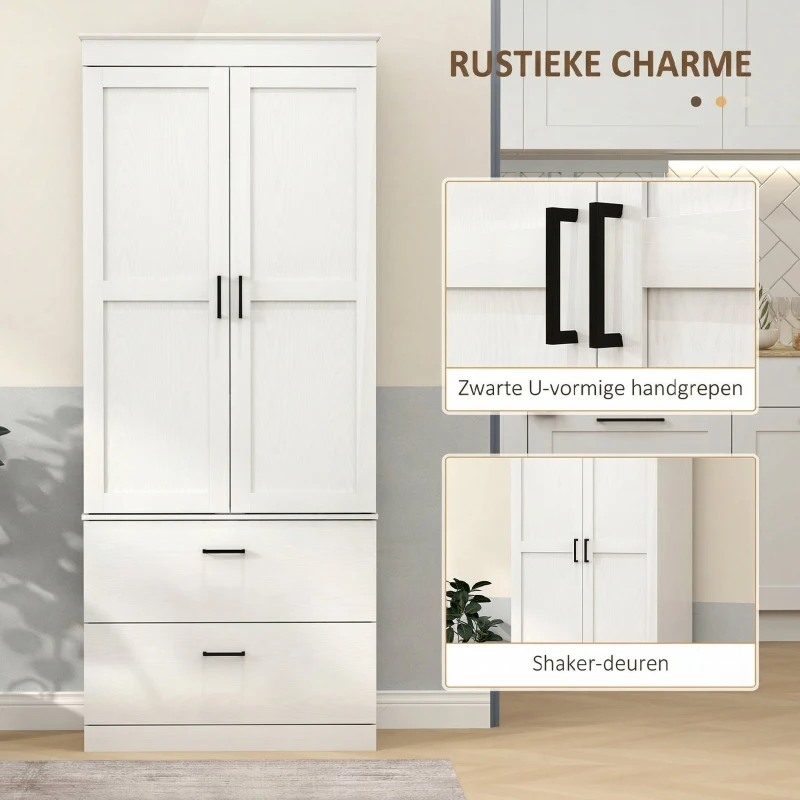 HOMCOM Vrijstaande Keukenkast met Verstelbare Schappen en Twee Brede Laden voor Woonkamer, Keuken, Wit(m-5)