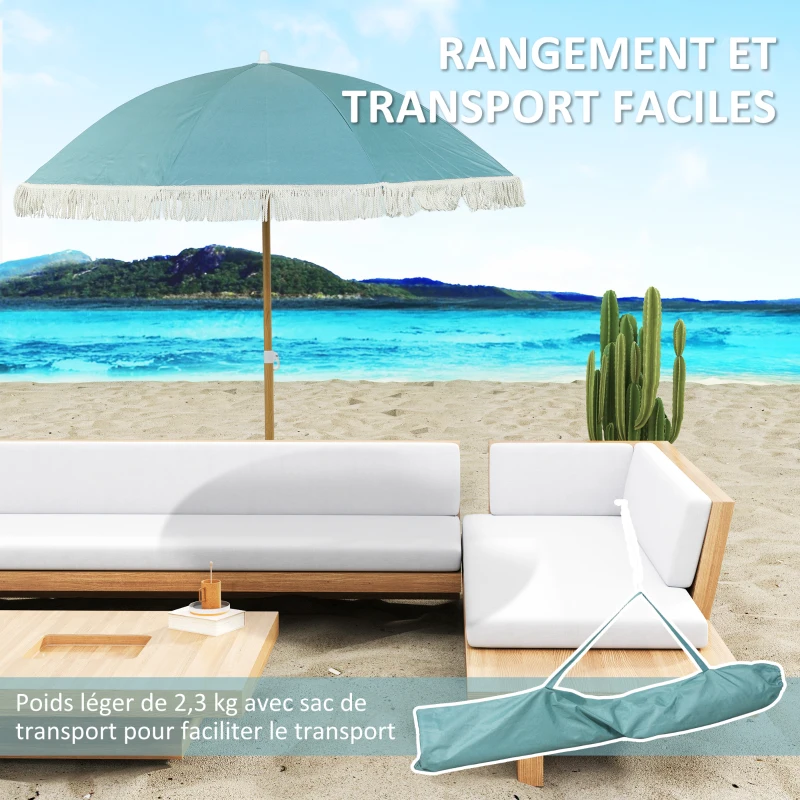 Outsunny Wood-effect Pole Beach Umbrella Ø 170 cm, Large Fringed Umbrella Adjustable Height, UPF50+ Carry Bag, Light Blue