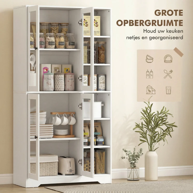 HOMCOM Keukenkast met glazen deuren, planken, open vakken, 172 cm hoog, MDF, Wit(m-4)