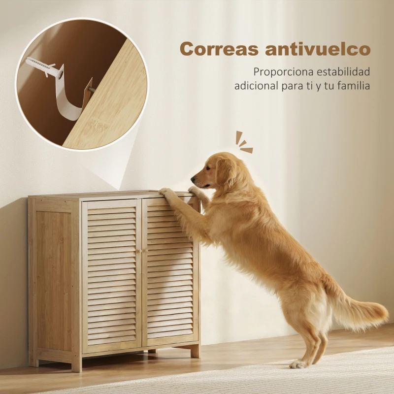 HOMCOM Armario para Zapatos de Bambú con Puertas de Persiana Capacidad para 14 Pares Estantes Ajustables Natural