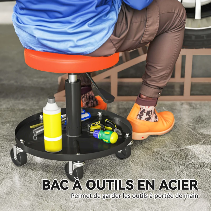 HOMCOM Workshop Stool with 5 360° Swivel Casters, Adjustable Height 38-50 cm, with Tray, 38 x 38 x 38-50 cm, Orange