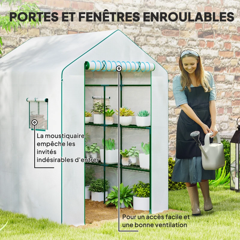 Outsunny Garden greenhouse with 1 door 2 windows 3-tier shelves for Vegetables Plants Flowers PE cover 140 x 143 x 190 cm white