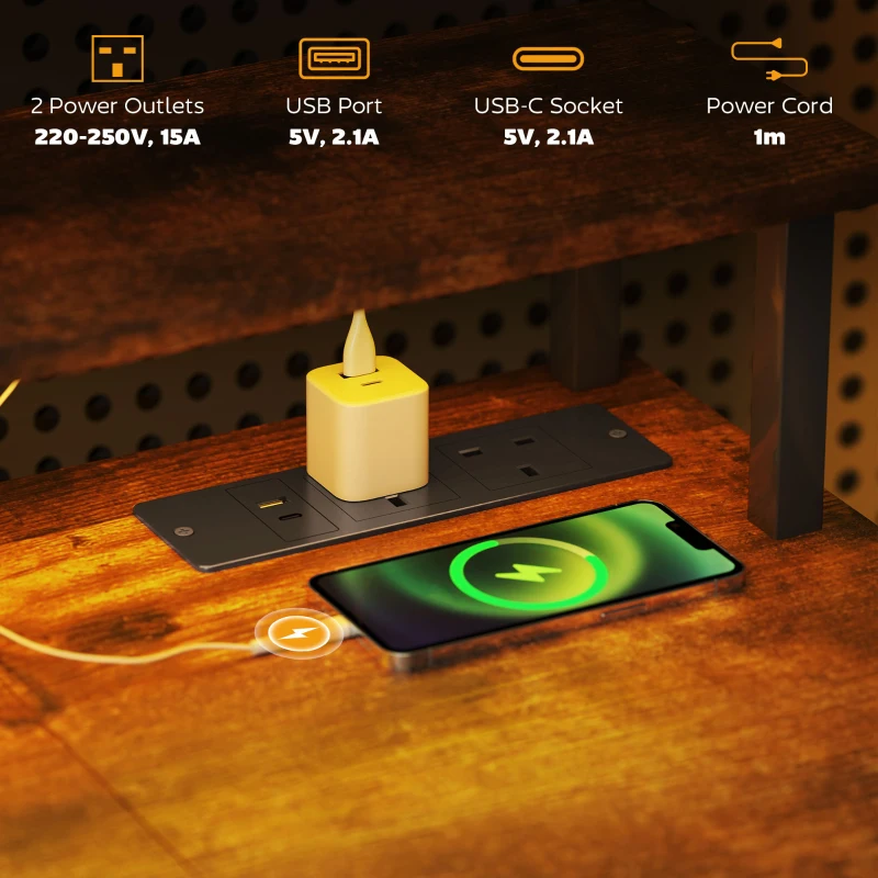 HOMCOM LED Computer Desk, with Power Outlets and Shelves - Rustic Brown