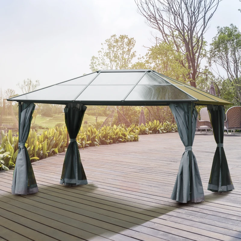 Outsunny Tonnelle pavillon de jardin avec toit rigide polycarbonate imperméable 4 parois latérales anti-UV moustiquaires 4 x 3 m gris foncé et noir