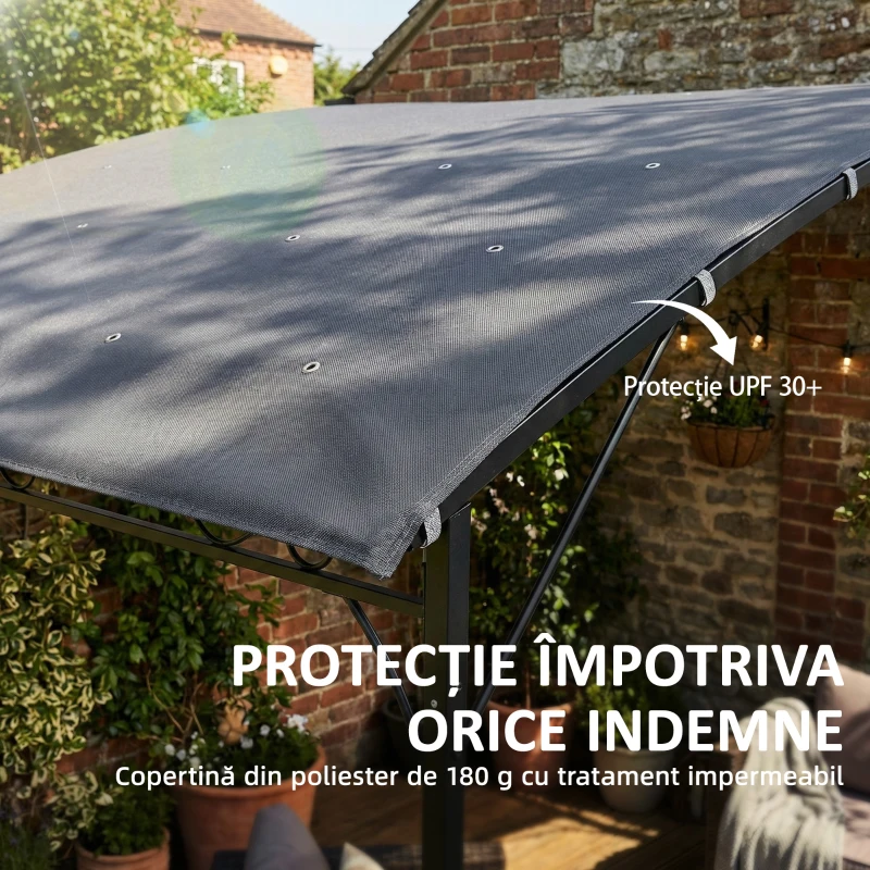 Outsunny Pergolă Gazebo 3.8x2.8m cu 16 Găuri de Drenaj, Pergolă din Metal și Poliester 180g/m² cu Șuruburi, pentru Exterior, Grădină, Terasă și Patio, UV 30+, Gri