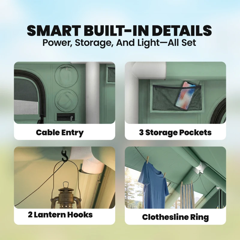 Outsunny Inflatable Camping Tent, 4 Season Hot Tent 10000mm Waterproof with Chimney Opening, Sky Light and Air Pump, Green