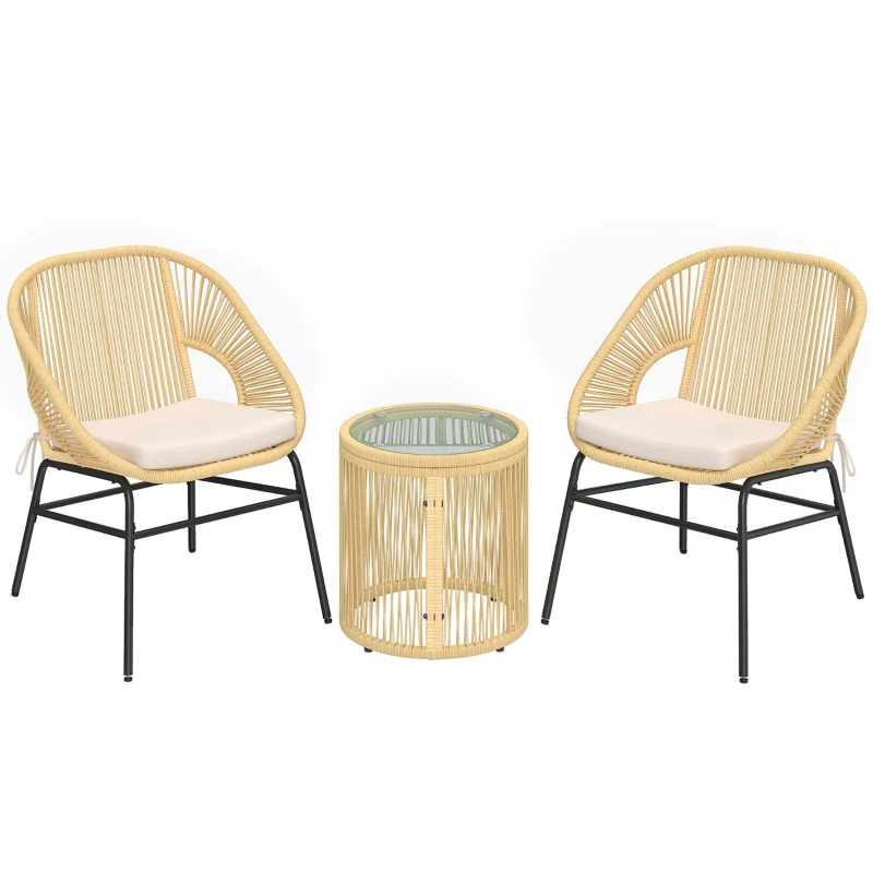 Outsunny Set bistrot 3 pièces en rotin et acier avec 2 chaises, table ronde avec plateau en verre trempé, Beige