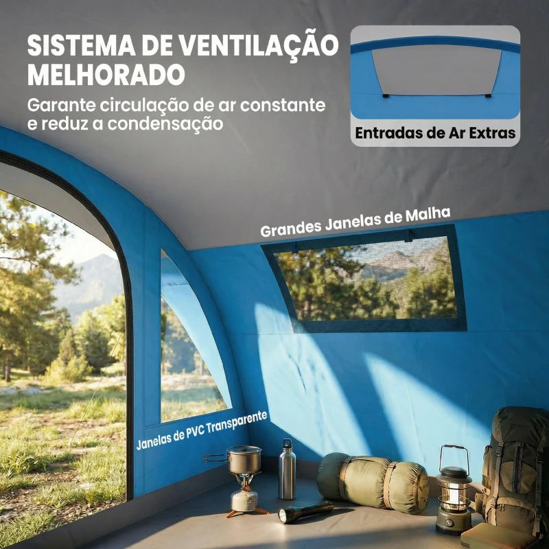 Outsunny Tenda de Campismo Familiar Tipo Túnel para 4 Pessoas com 2 Quartos Porta 4 Janelas Impermeável Montagem Fácil Azul