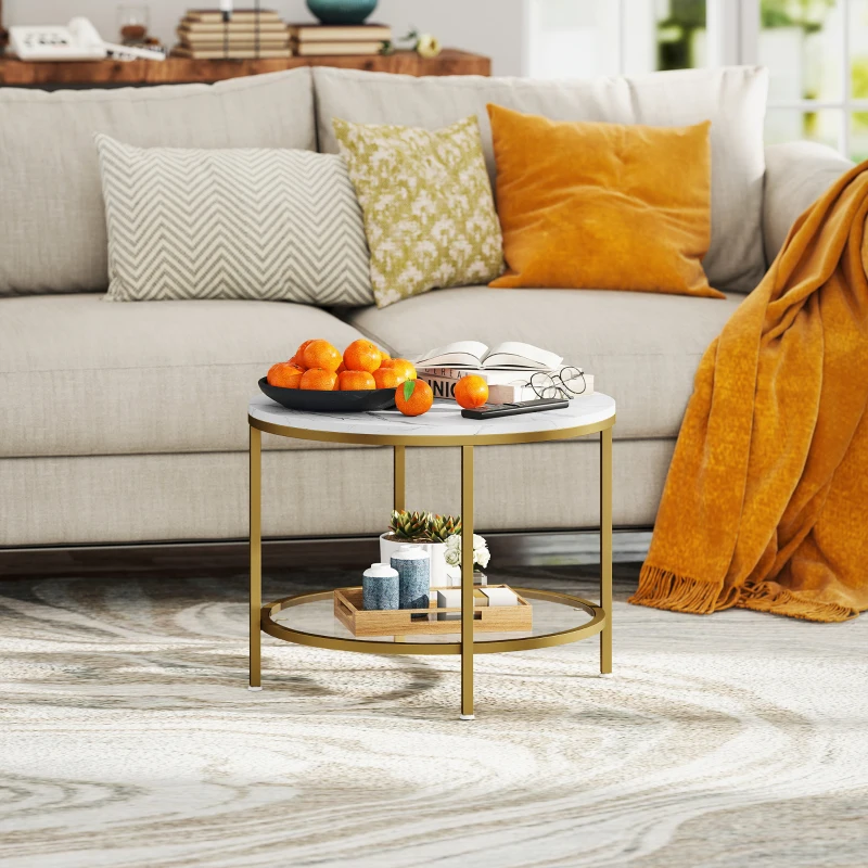 HOMCOM Modern Round 2-Tier Coffee Table with Faux Marble Top and Tempered Glass Shelf, Ø 60 x 45 cm, White and Gold