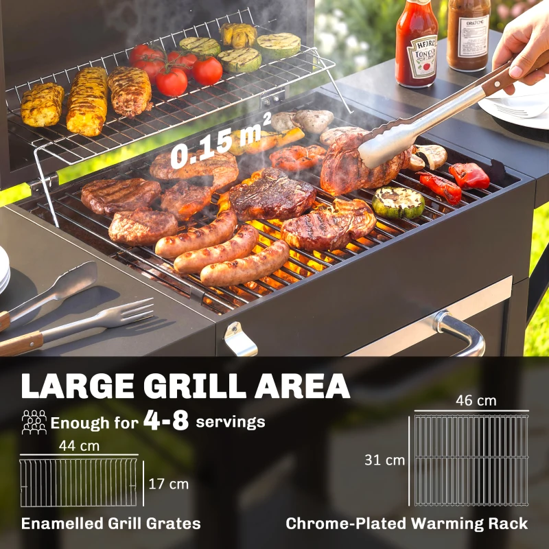 Outsunny Grill węglowy z pokrywą, BBQ Smoker z 2 bocznymi stolikami, dużą powierzchnią grillową, rusztem, termometrem i kółkami