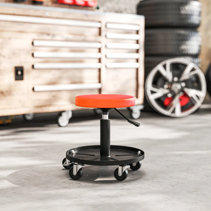 HOMCOM Workshop Stool with 5 360° Swivel Casters, Adjustable Height 38-50 cm, with Tray, 38 x 38 x 38-50 cm, Orange