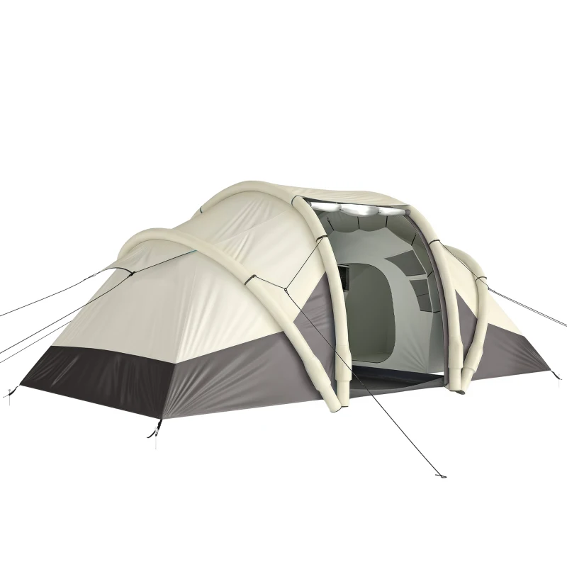 Outsunny Tenda da Campeggio Gonfiabile e Impermeabile per 2-4 Persone con Pompa, 2 Camere e Soggiorno, 485x245x188 cm, Marrone Caffè