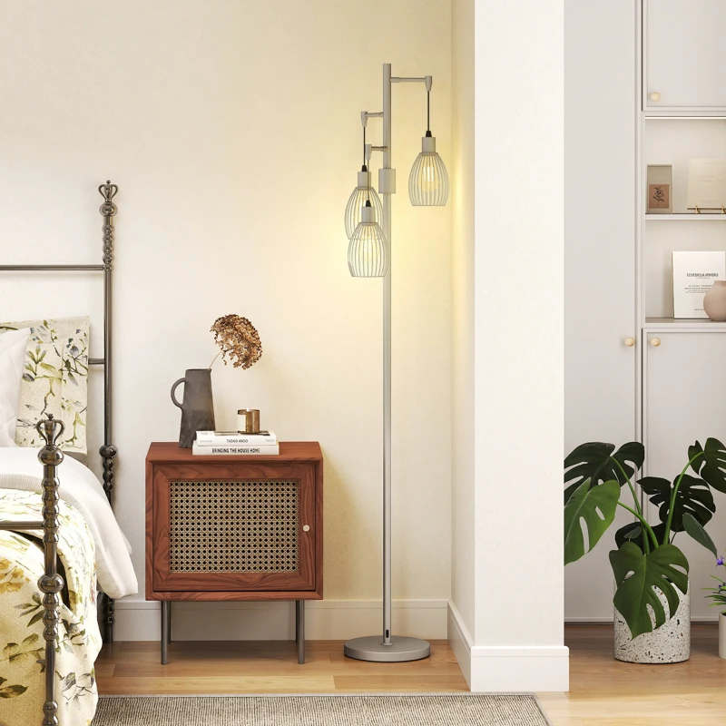 HOMCOM 3-Light Floor Lamp, 170cm Industrial Dimmable Standing Lamp with Steel Wire Cage Lampshades for Living Room, Bedroom, Dining Room, Study, Bulb Not Included, Silver Tone
