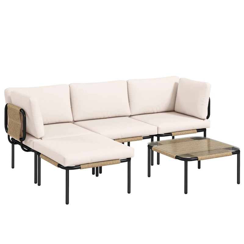 Outsunny Ensemble lounge en Polyrattan 5 pièces avec 3 fauteuils, table en verre, repose-pieds, assise large & profonde, coussins amovibles