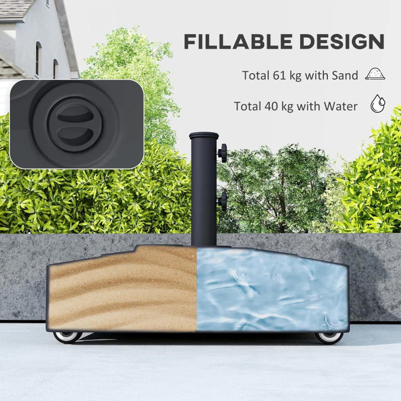 Outsunny Stojak na Parasol z Kółkami, Napełniany 61 kg Piaskiem/40 kg Wodą, Do Masztów Ø35, 38, 48 mm, Czarny