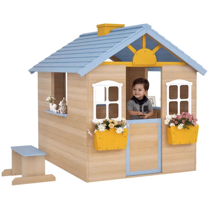 Outsunny Wooden Playhouse, Wendy House w/ Door, Bench, Flowerpot Holder, For Ages 3-7 Years, Blue