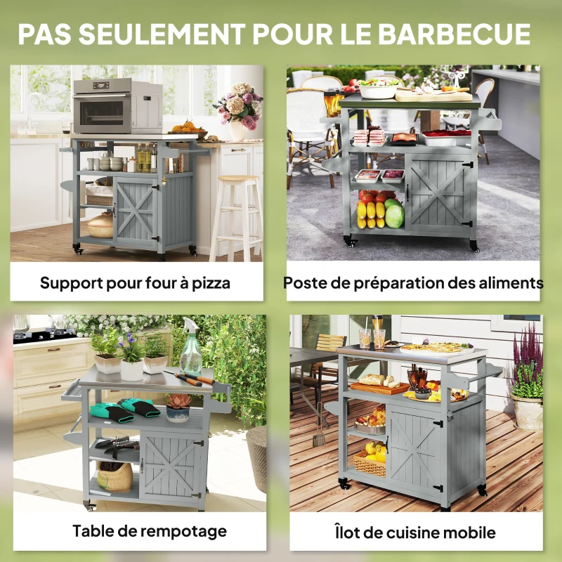 Outsunny Garden serving cart rolling barbecue cart with stainless steel top 107x49.5x92.5cm Gray
