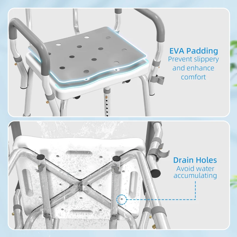 HOMCOM EVA Padded Shower Chair for the Elderly and Disabled, Height Adjustable Shower Stool with Back and Arms, 4 Suction Foot Pads, Light Grey