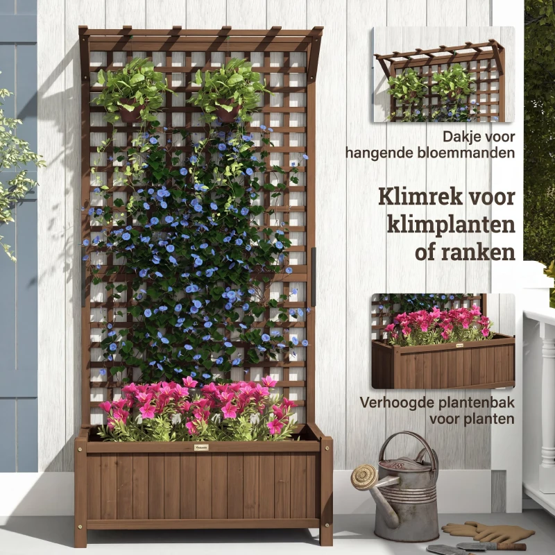 Outsunny Verhoogde plantenbak met trellis en dak, bloembak, bloemenbed, weerbestendig, hout, 90 x 45 x 183 cm, Bruin