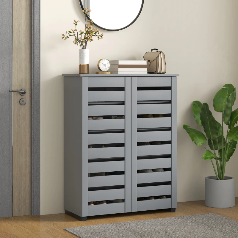 HOMCOM Narrow Shoe Cabinet for Entryway, 5-Tier Slim Shoe Storage Cabinet with 2 Slatted Doors and Adjustable Shelves Grey