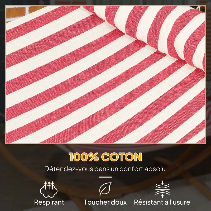 Outsunny Freestanding 1-Person Hammock, Hammock with Wooden Stand Head Pillow, Cotton Bed, 310x118x120cm, Red and White